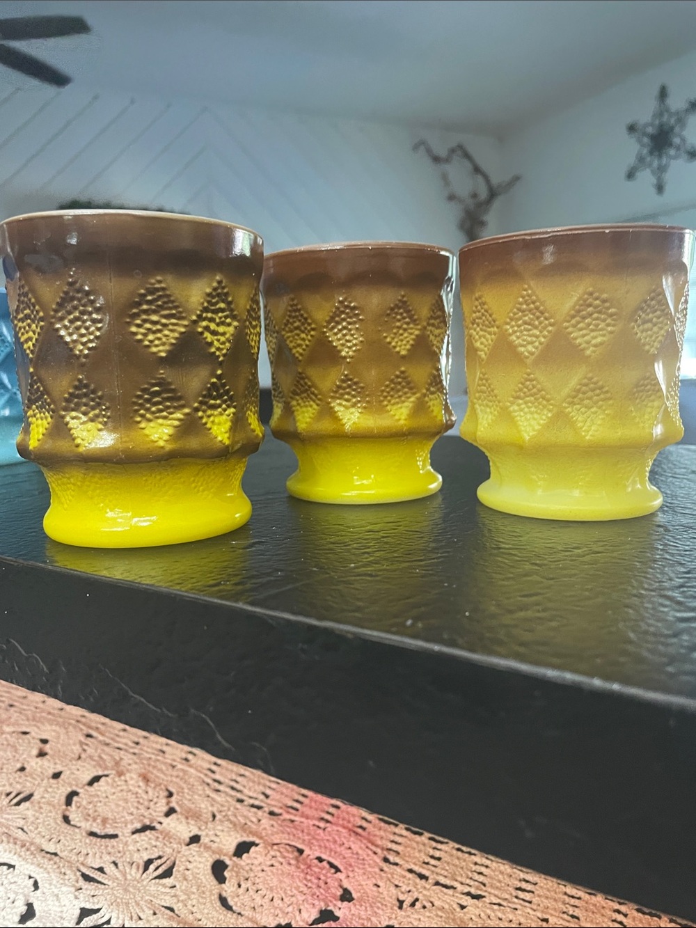 Fire King Kimberly Tan and Yellow Diamond Textured Ceramic Pedestal Mug-Set of 3 - Picture 4 of 7
